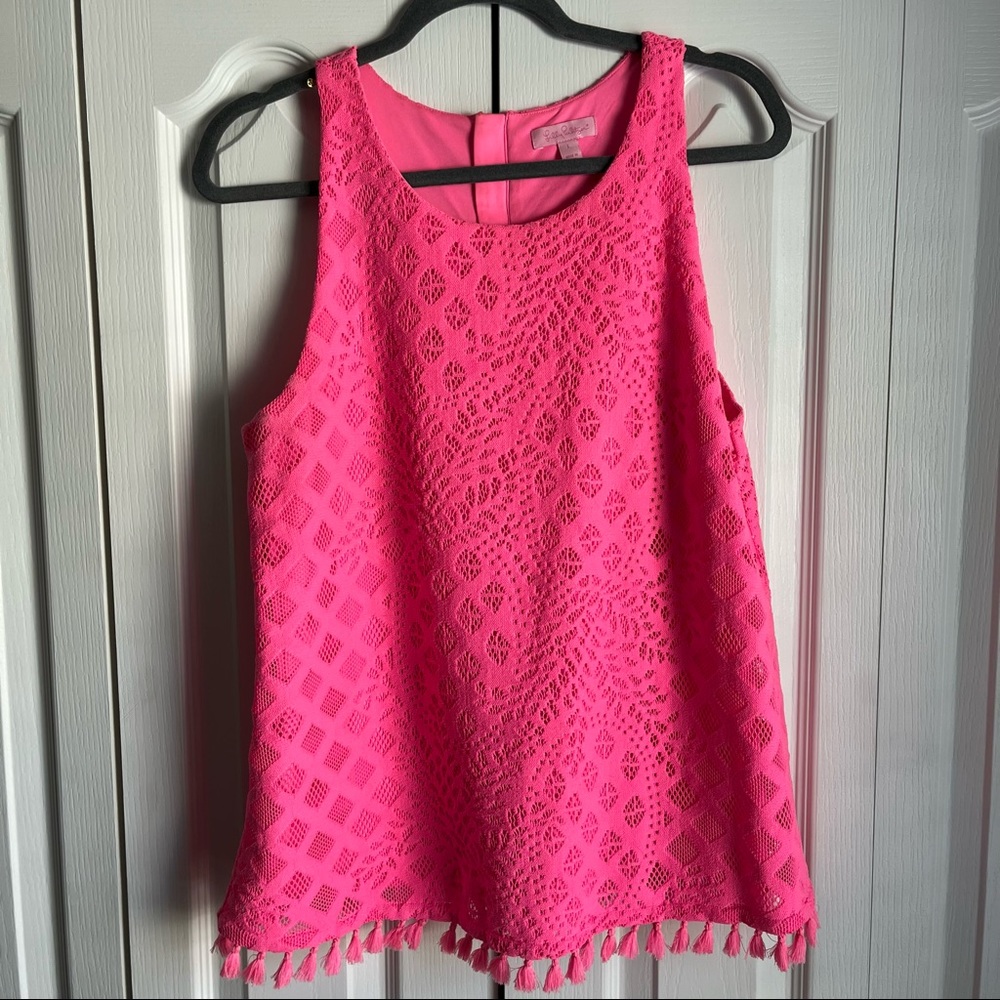 Lilly Pulitzer Sleeveless Tank Pink pineapple Tassel Zipper Back Shirt Large
